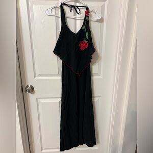 Black Halter Maxi Dress with Red Rose Embroidery